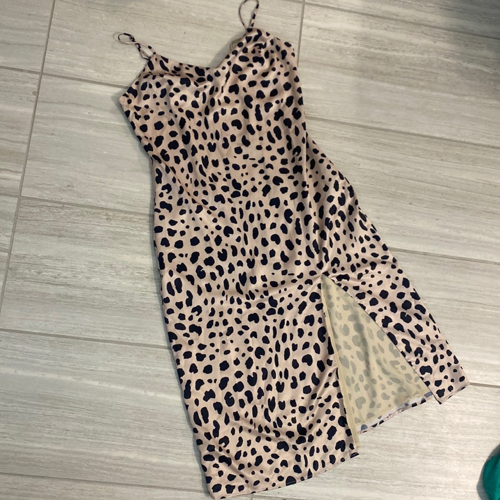 Lily Rain Leopard Satin slip dress, size L